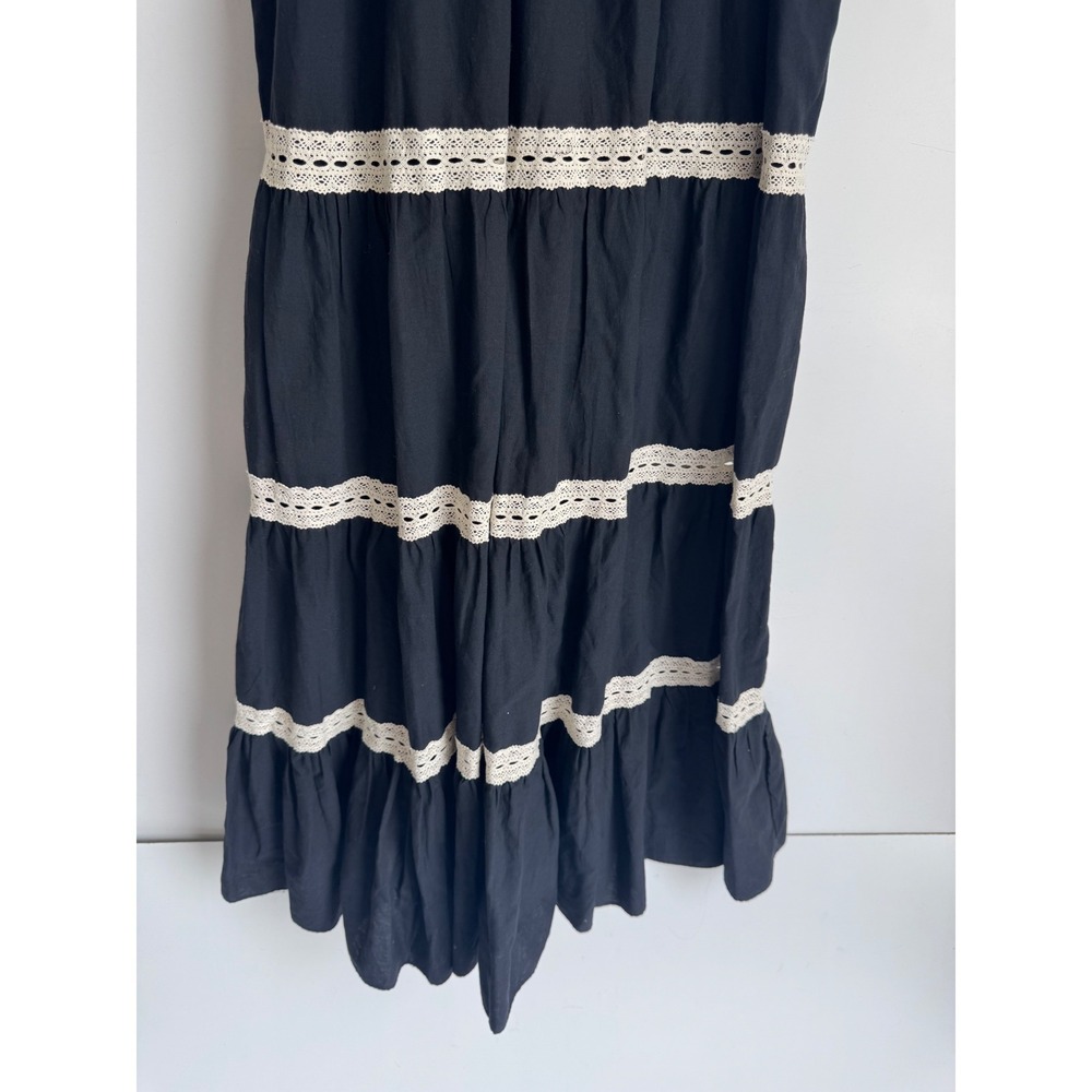 Anthropologie PINCH Black Smocked Tiered Maxi Dress Crochet Lace Ruffle Large - Picture 6 of 10